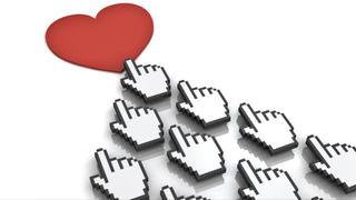 A digital illustration showing a series of computer cursors pointing towards a cartoon heart