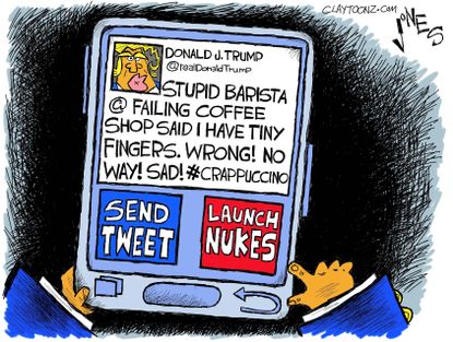 Political cartoon U.S. Donald Trump twitter rant nukes