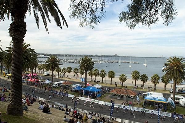 Looking out towards Corio Bay in Geelong as the peloton speed down the home straight.