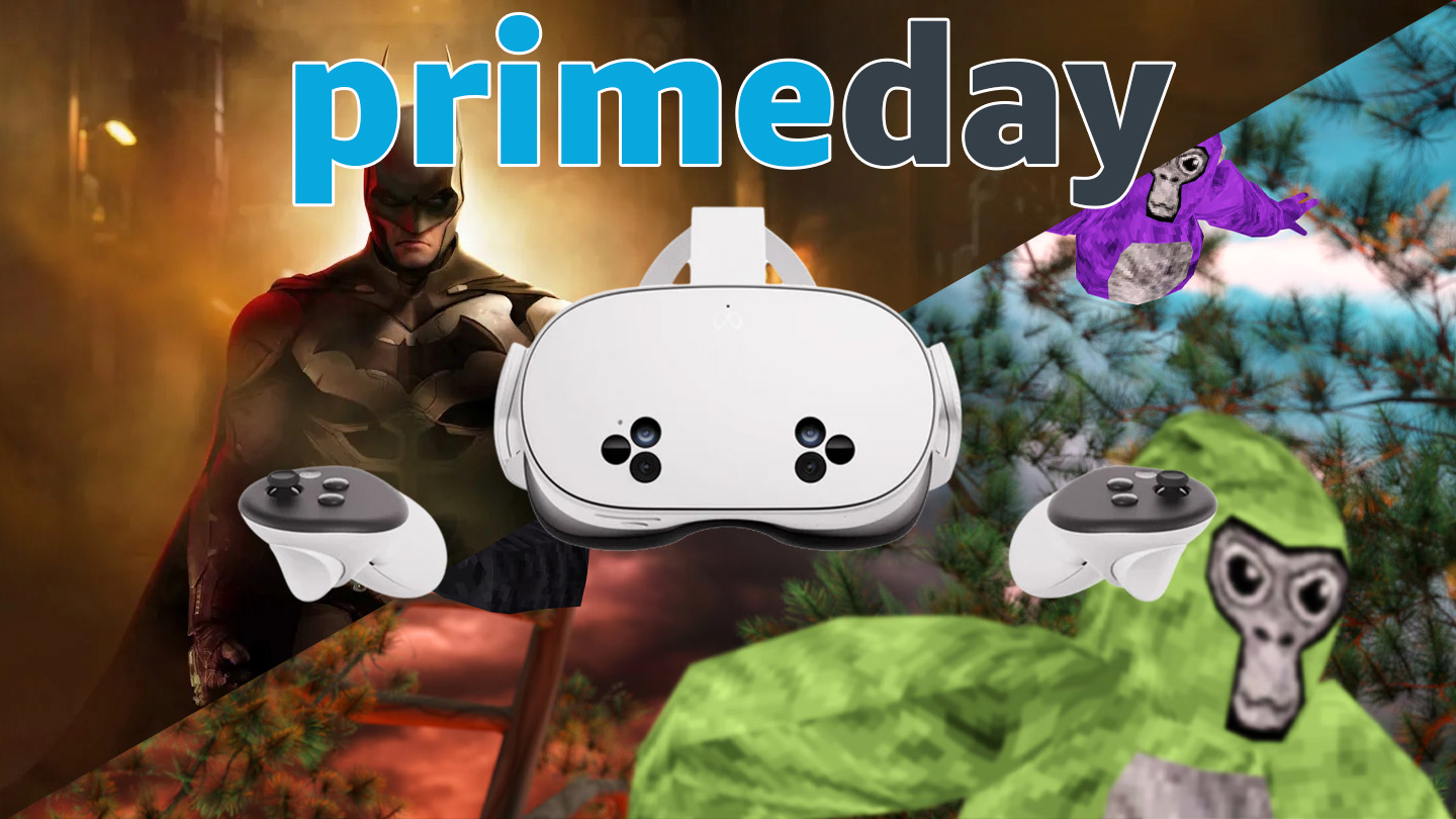 A render of the Meta Quest 3S and its controllers with the text "Prime Day" on a background showing Gorilla Tag and Batman Arkham Shadow 