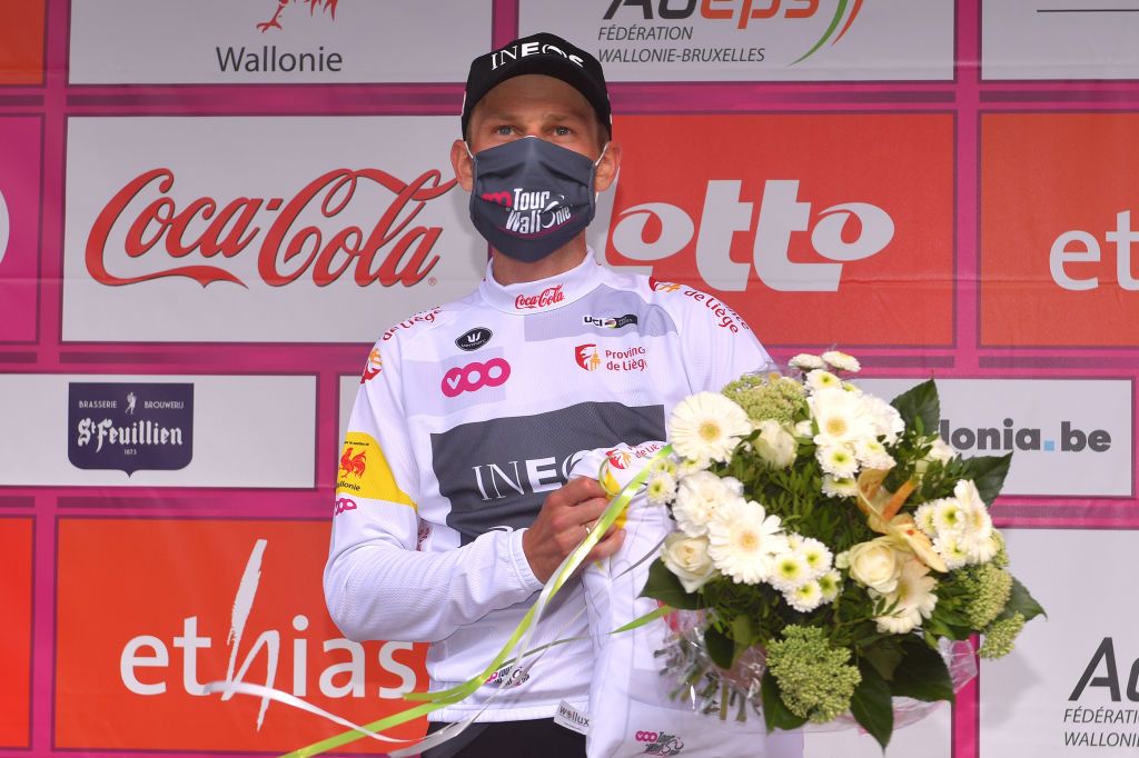 EREZEE BELGIUM AUGUST 19 Podium Michal Golas of Poland and Team INEOS White Mountain Jersey Celebration during the 41st Tour de Wallonie 2020 Stage 4 a 1994km stage from Blegny to Ereze 334m TourdeWallonie TRW2020 on August 19 2020 in Erezee Belgium Photo by Luc ClaessenGetty Images