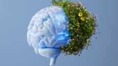 A futuristic rendering of a brain with lines of code on it that erupts into rendered flowers and plants