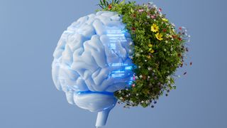 A futuristic rendering of a brain with lines of code on it that erupts into rendered flowers and plants