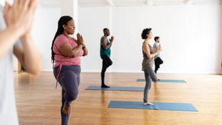Yoga class of women standing on one leg