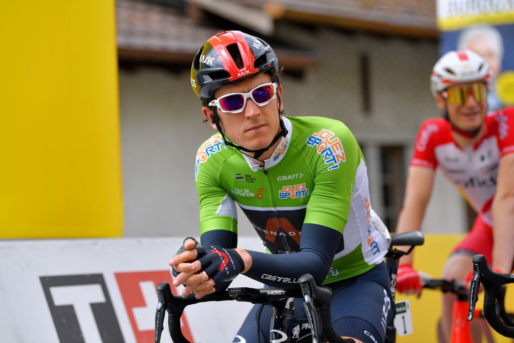 MARTIGNY SWITZERLAND APRIL 28 Geraint Thomas of The United Kingdom and Team INEOS Grenadiers Green Points Jersey at start during the 74th Tour De Romandie 2021 Stage 1 a 1681km stage from Aigle to Martigny TDR2021 TDRnonstop UCIworldtour on April 28 2021 in Martigny Switzerland Photo by Luc ClaessenGetty Images
