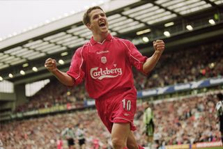 Michael Owen celebrates after scoring for Liverpool against Newcastle United in May 2001.