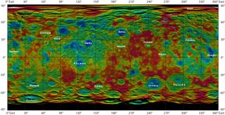 A color-coded map of dwarf planet Ceres' topography points out the names of its many features, captured in detail by NASA's Dawn mission.