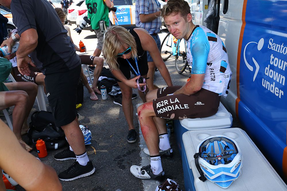 Jan Bakelants in the medical tent following the crash near the finish of stage 3.