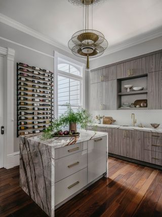 A kitchen with wine storage