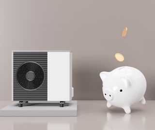 white piggy bank with money falling into it next to model size heat pump