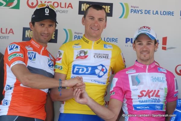 The jersey winners: Daniele Bennati (points), Anthony Roux (Overall) and Simon Geschke (Mountains)