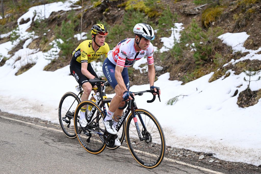 PORT AINE SPAIN MARCH 20 LR Sepp Kuss of The United States and Team VismaLease a Bike and Mikel Landa of Spain and Team Soudal Quick Step Red Mountain Jersey compete in the chase group during the 103rd Volta Ciclista a Catalunya 2024 Stage 3 a 1767km stage from Sant Joan de les Abadesses to Port Aine 1967m UCIWT on March 20 2024 in Port Aine Spain Photo by David RamosGetty Images