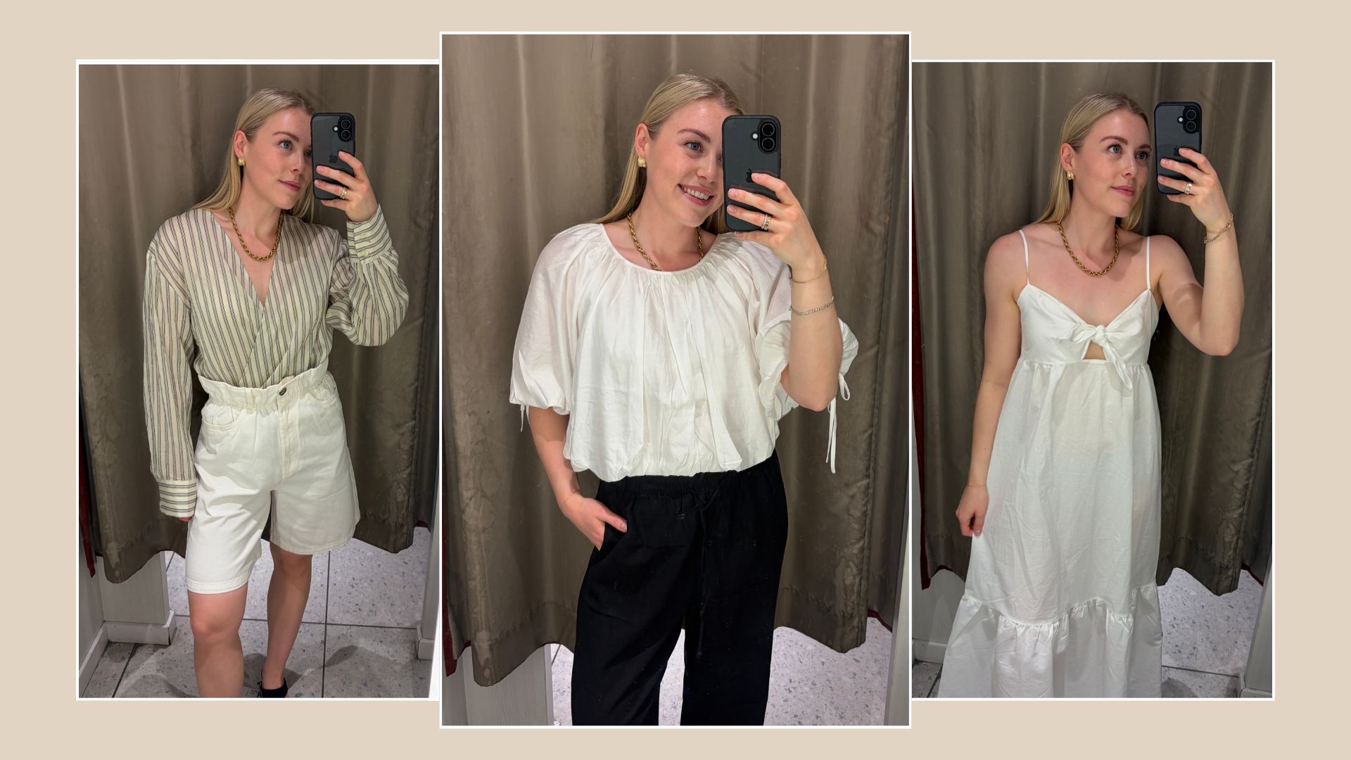 Woman wears striped shirt and shorts, woman wears white blouse and trousers, woman wears white dress