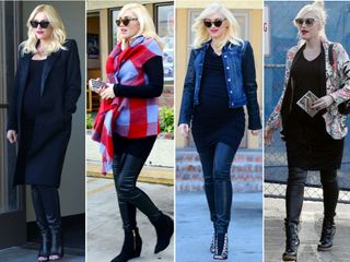 Gwen Stefani's pregnancy uniform is black leather leggings and a stretchy black dress.