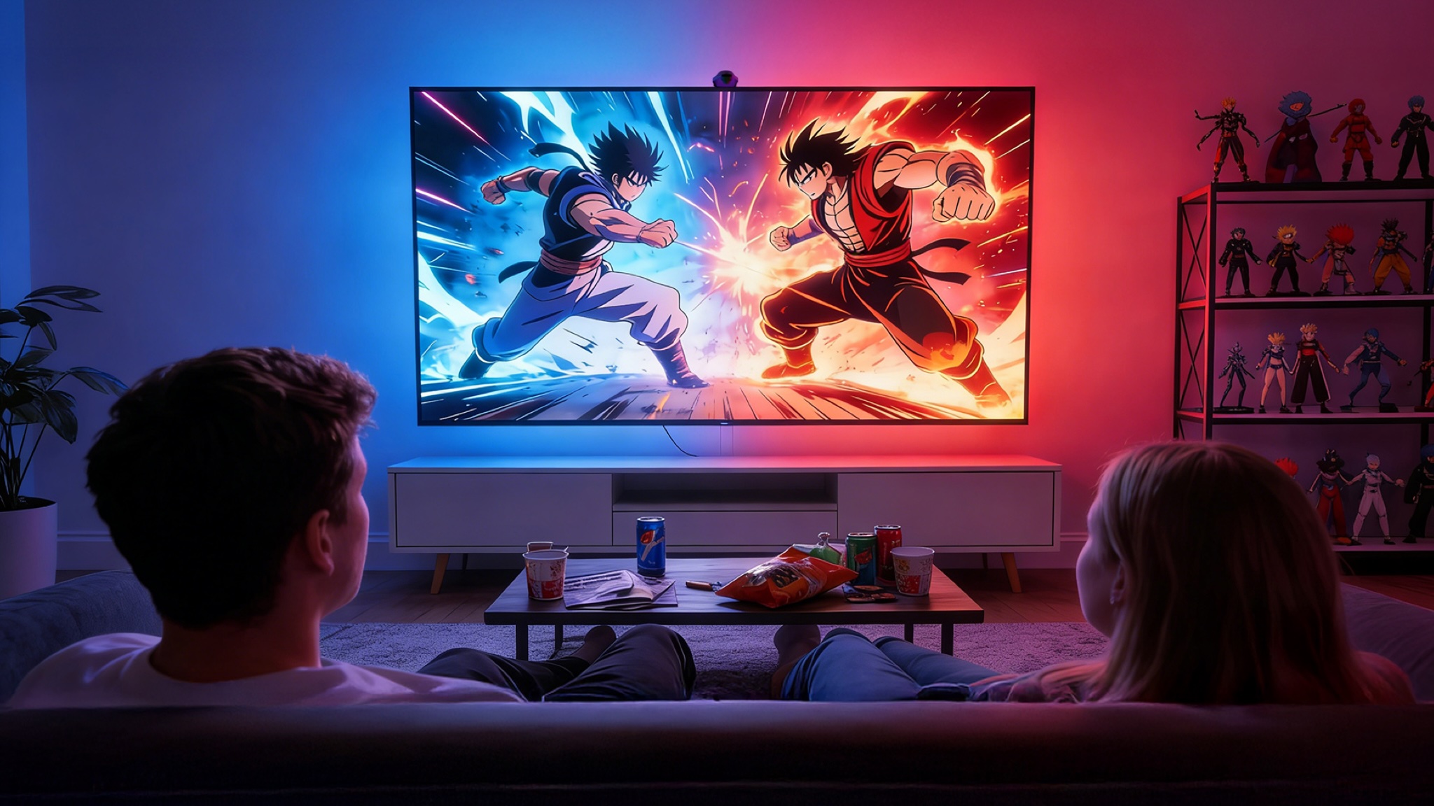 An adult and a child are watching anime on a TV with the Lepro STV1 lightstrip extending colors to the wall behind it