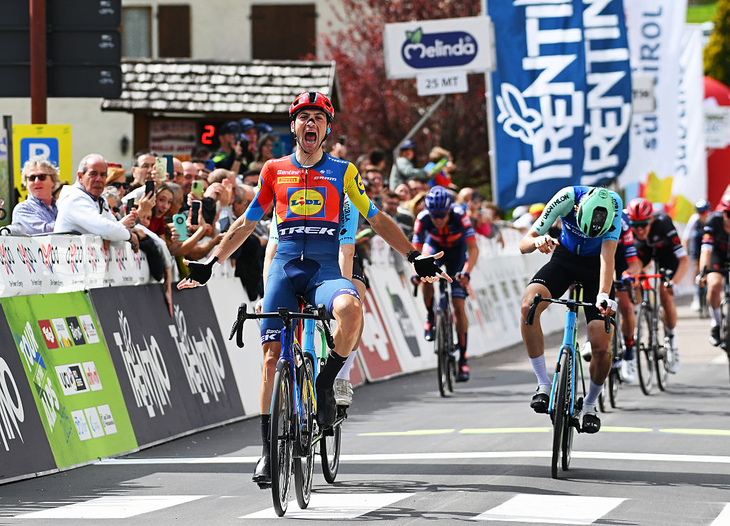 SAN LORENZO DORSINO ITALY APRIL 21 Giulio Ciccone of Italy and Team Lidl Trek celebrates at finish line as stage winner ahead of Felix Gall of Austria and Paul Sekas of France and Decathlon AG2R La Mondiale Team during the 45th Tour of the Alps 2025 Stage 1 a 1485km stage from San Lorenzo Dorsino to San Lorenzo Dorsino 731m UCIWT on April 21 2025 in San Lorenzo Dorsino Italy Photo by Tim de WaeleGetty Images