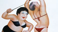 Beryl Cook painting of a cheeky-faced dominatrix at work