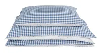 blue gingham bedding with star print on reverse side