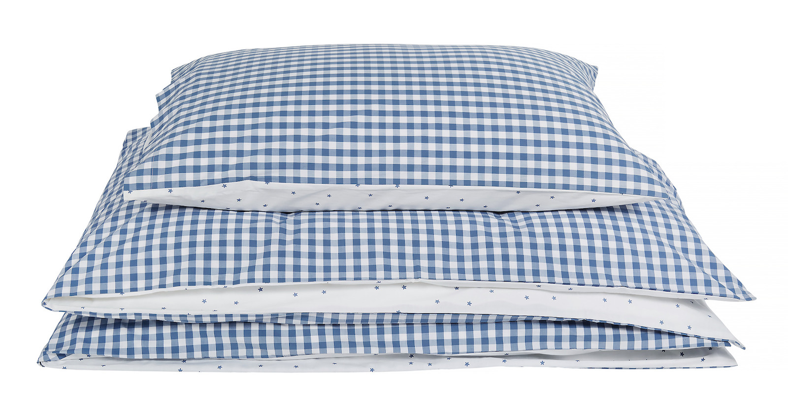 blue gingham bedding with star print on reverse side