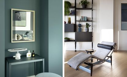 Modern green bathroom on the left and lounge area with open book on the right