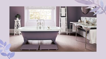 purple painted bathroom with freestanding bath and double marble sinks to illustrate how to make a bathroom smell good