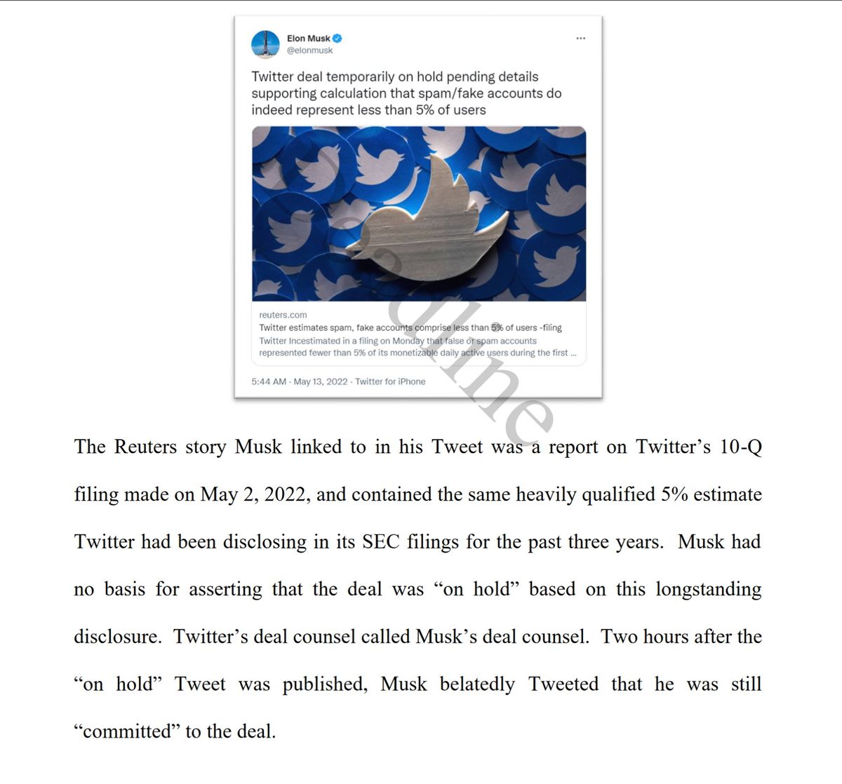 Elon Musk tweet excerpted from Twitter lawsuit