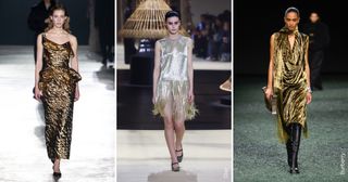 models wearing gold and silver dresses at Jason Wu, Dior and Burberry