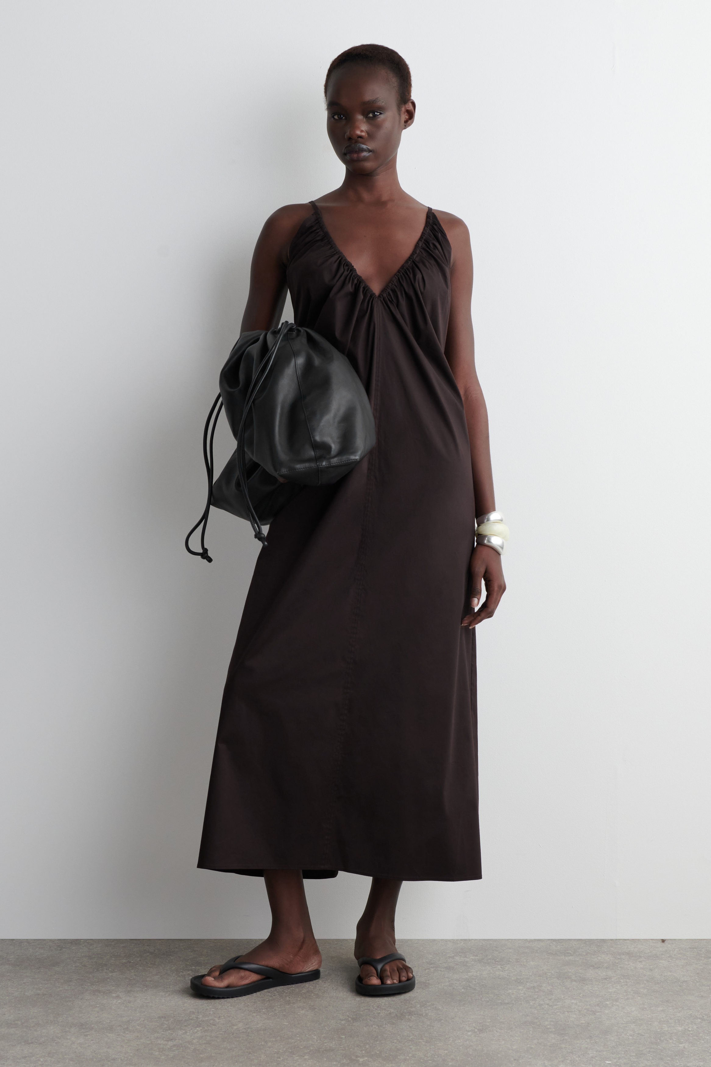 Gathered V-Neck Maxi Dress