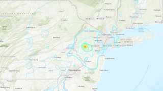 Map showing location of New Jersey earthquake marked with a star with shock lines radiating outwards