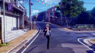 Persona 4 protagonist running down a road