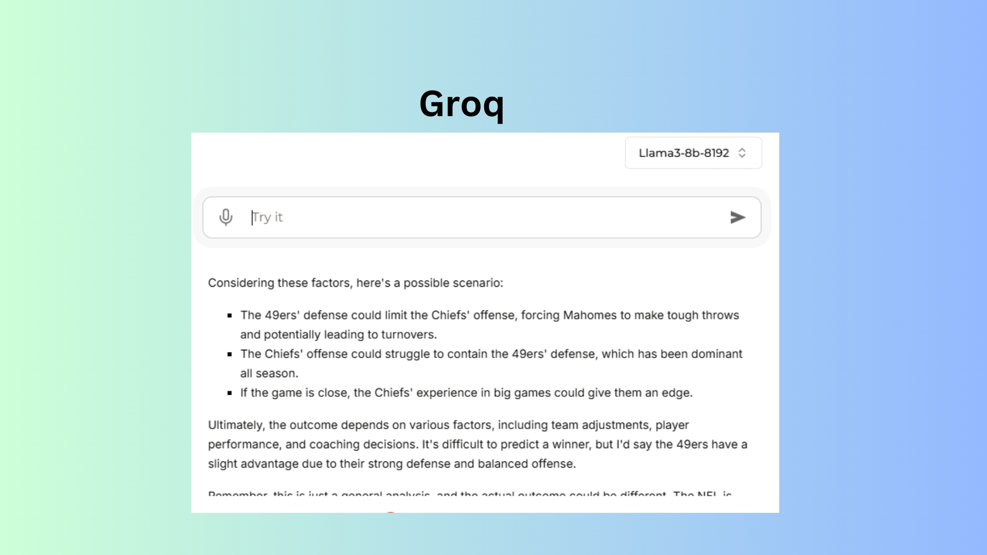 Groq Super Bowl prediction