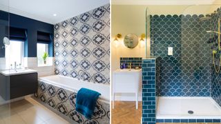 compilatiin image showing two bathrooms with patterned blue tiling and blue scalloped tiles to highlight a key bathroom trend 2023