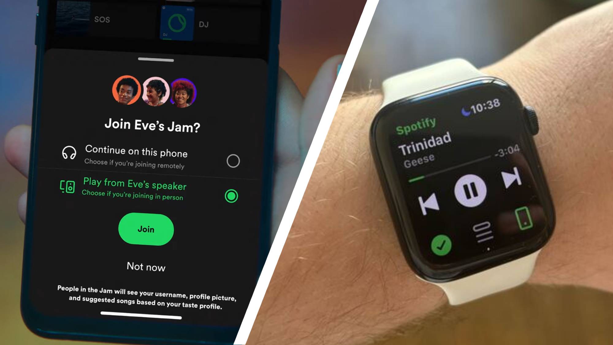 A smartphone with Spotify Jam and an Apple Watch with the Spotify playback screen