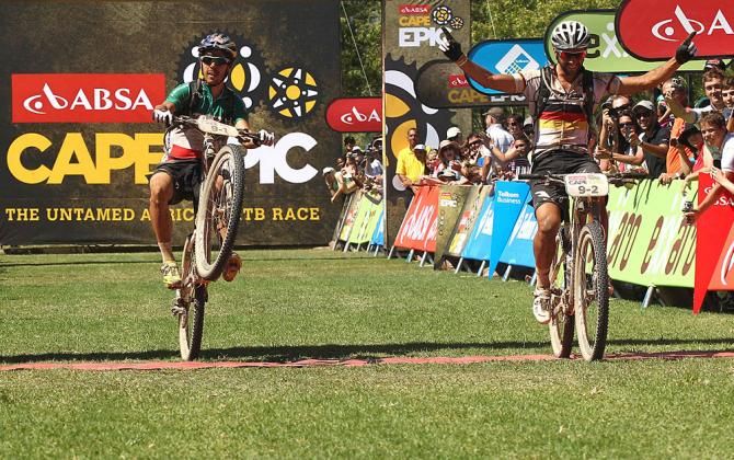 Marco Aurelio Fontana and Manuel Fumic of Cannondale Factory Racing celebrate after finishing second during stage 4