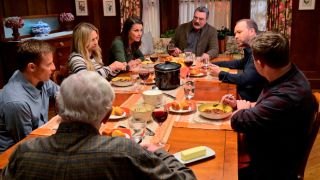 The Blue Bloods cast, including Tom Selleck and Donnie Wahlberg, film a dinner scene