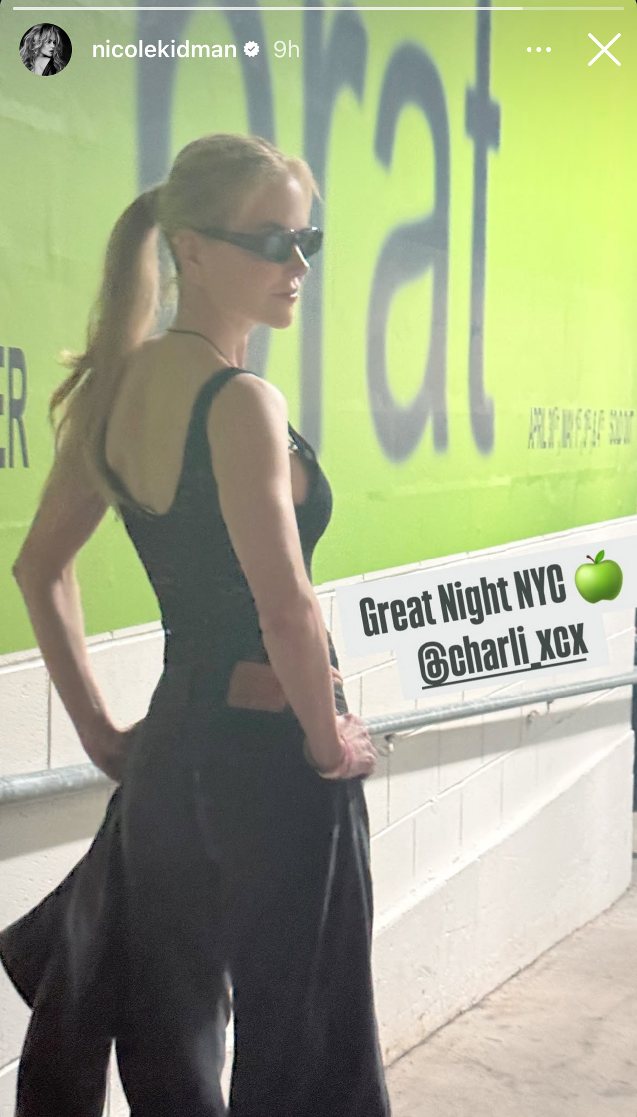 Nicole Kidman by the green Brat Wall at the final Charli XCX New York Shows