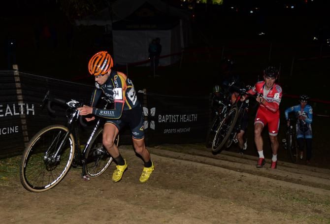 Kerry Werner (Optum Pro Cycling) running the granite stairs ahead of Yannick Eckmann