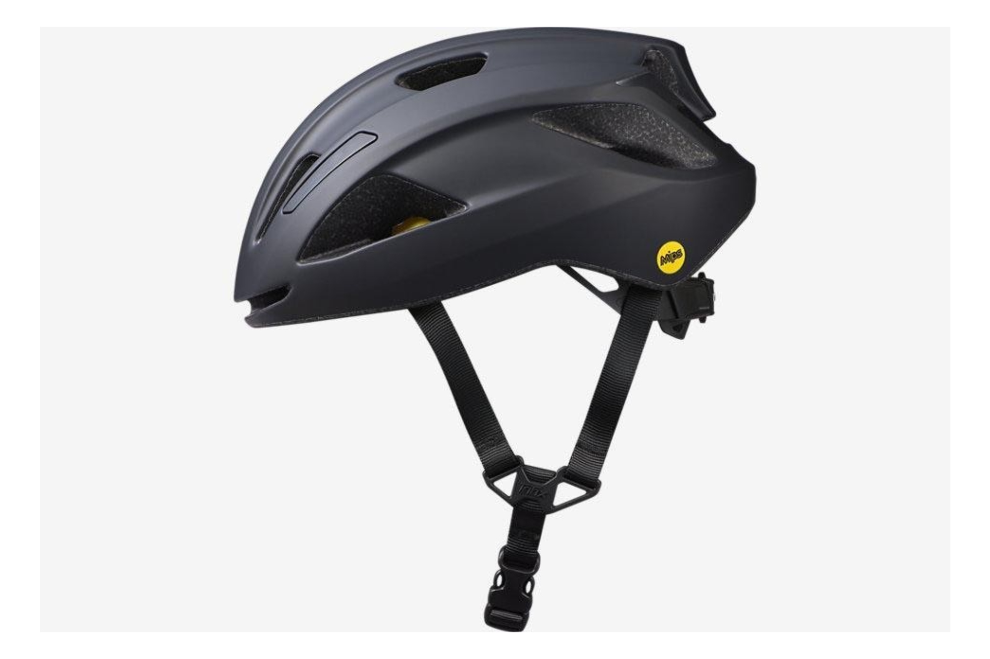Specialized Align helmet in black with straps hanging down on a white background