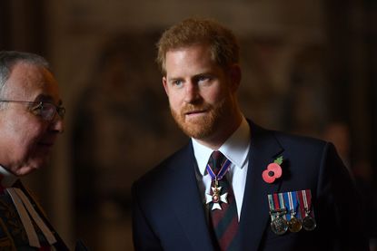 Prince Harry, Duke of Sussex with the Dean of Westminster, Dr John Hall leaving the ANZAC Day Service of Commemoration and Thanksgiving at Westminster Abbey on April 25, 2019 in London, United Kingdom.