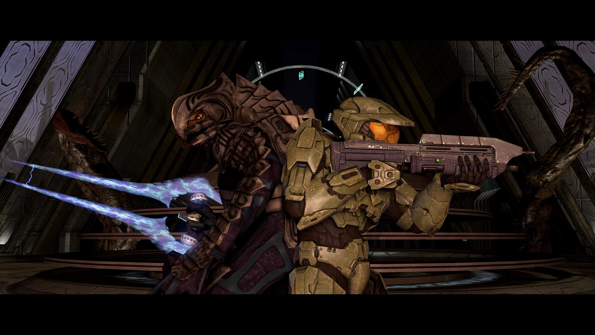 The Arbiter and Master Chief back-to-back poised to fight with weapons drawn in FPS, Halo 3