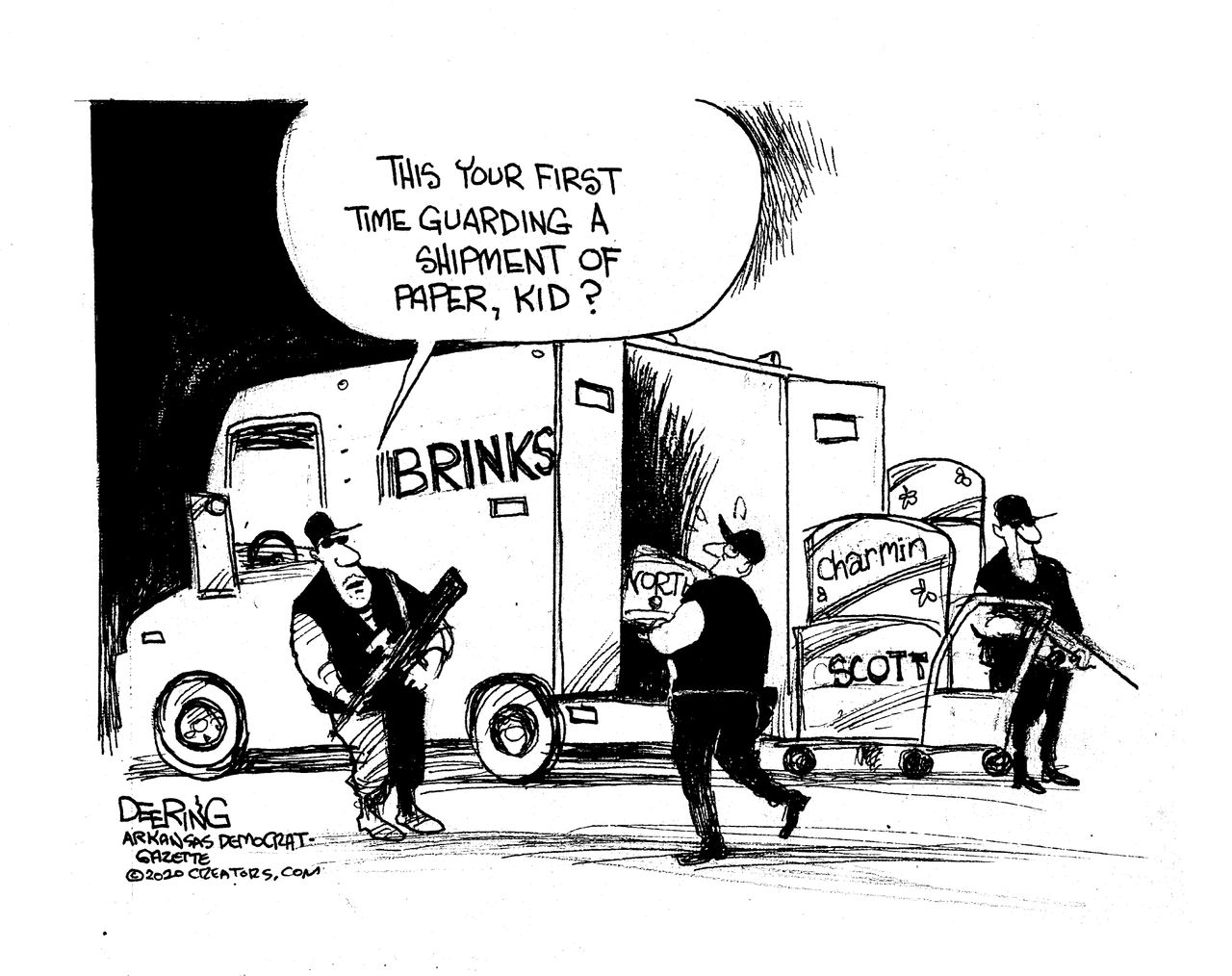 Editorial Cartoon U.S. Coronavirus Brinks Charmin hoarding security truck