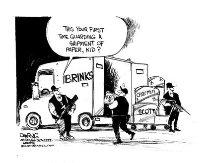 Editorial Cartoon U.S. Coronavirus Brinks Charmin hoarding security truck