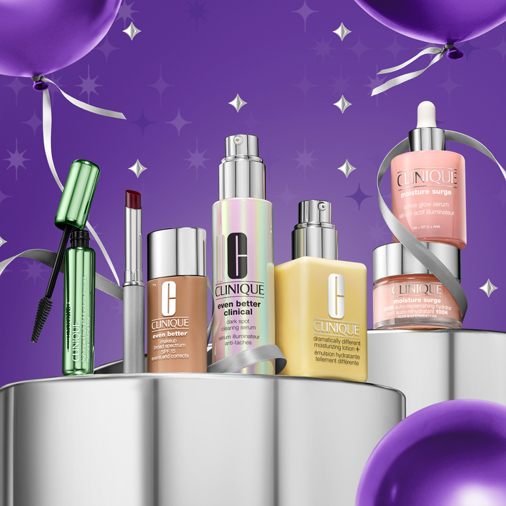 Clinique bestselling products on a purple background for Black Friday