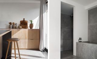 Bathroom and kitchen inside a 1970s modernist home in Vedbaek, Denmark