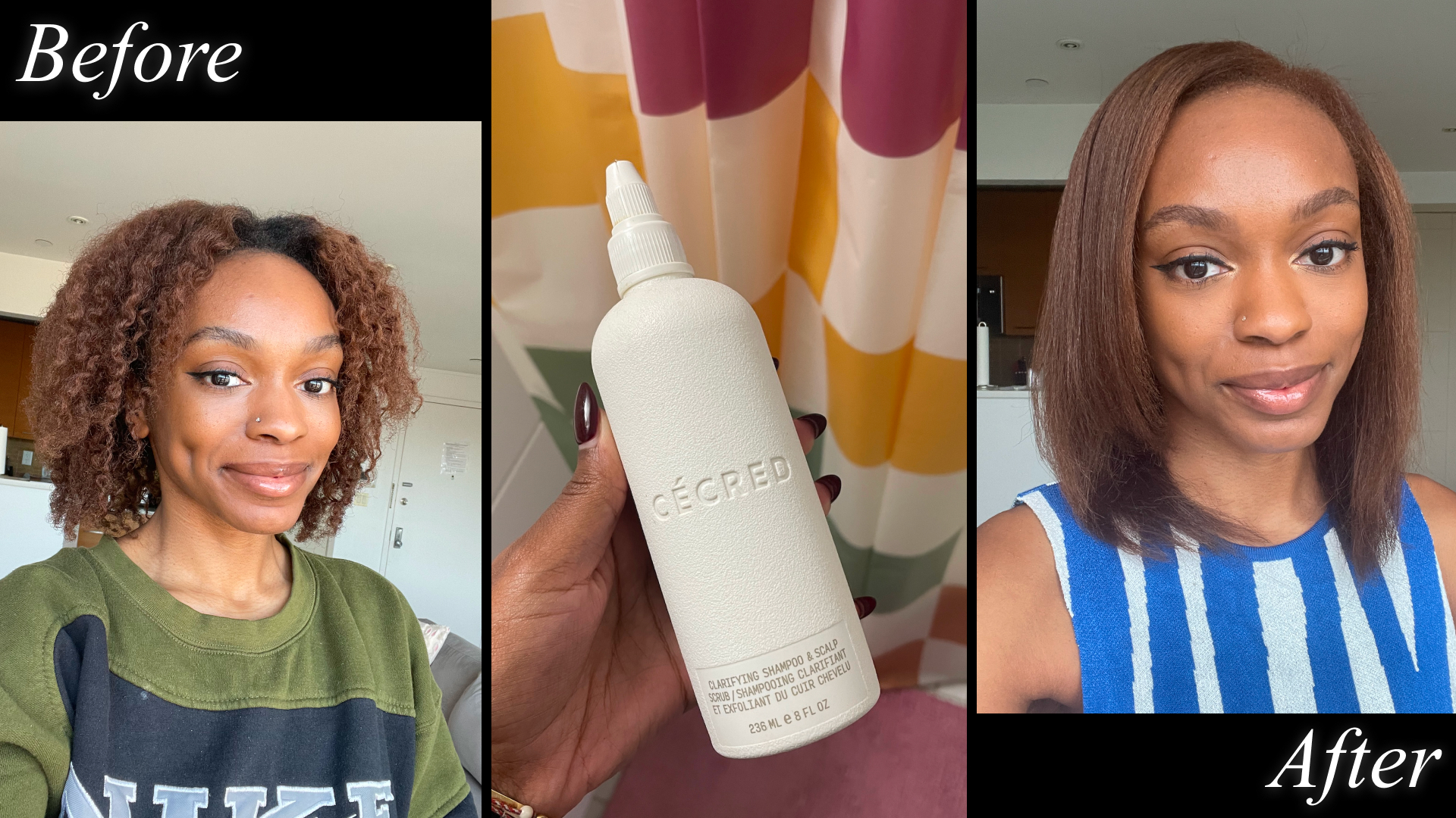 a person before and after testing the cecred scalp scrub