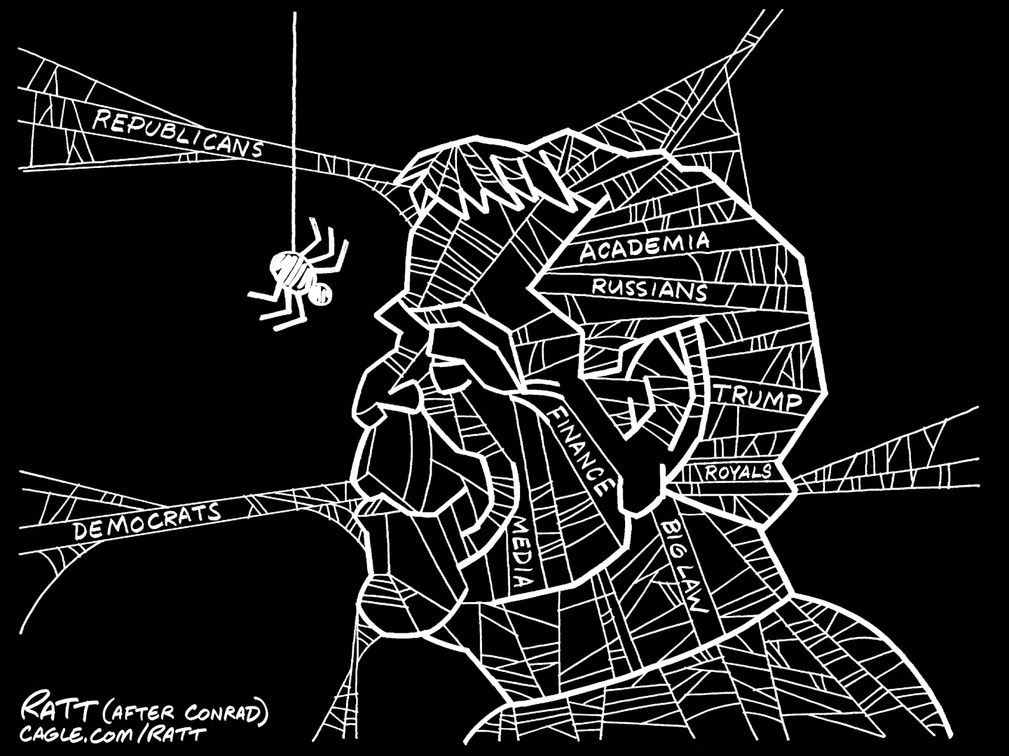 This political cartoon is an homage to Paul Conrad&amp;rsquo;s spider-web drawing of Richard Nixon ensnared in Watergate. This version depicts Jeffrey Epstein&amp;rsquo;s face drawn from spider webs. Words in the web include &amp;ldquo;Republicans, Democrats, Academia, Russians, Trump, Royals, Finance, Big Law, Media.&amp;rdquo;