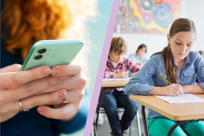 A collage of a woman on a phone and a school classroom 