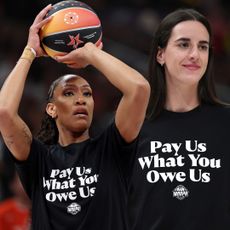 Aja Wilson and Caitlin Clark wear Pay Us What You Owe Us T-Shirts at the 2025 WNBA All Star weekend warm up