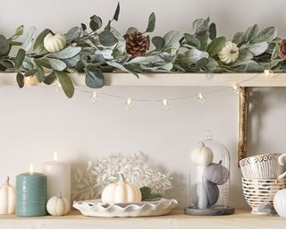 neutral pumpkins on shelving as part of halloween display