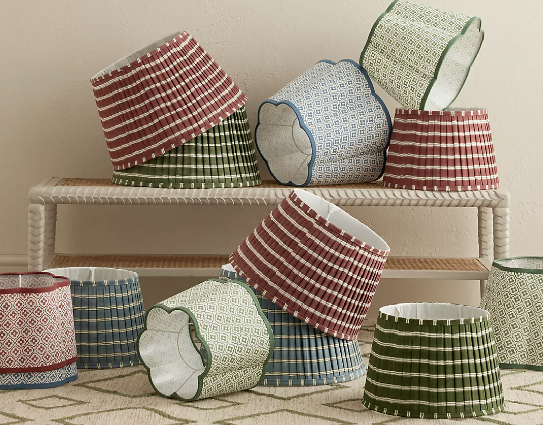 patterned traditional lampshades in a pile on the floor